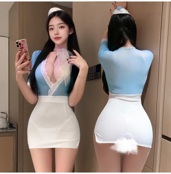 FEE ET MOI - Sweet Airways Deep V Bodycon Stewardess Outfit (Blue - White)